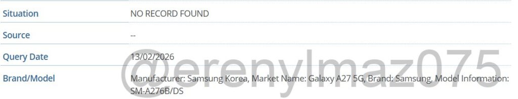 IMEI Listing untuk Perangkat Samsung Galaxy A27 5G dengan kode SM-A276B/DS. Foto: X/@erenylmaz075