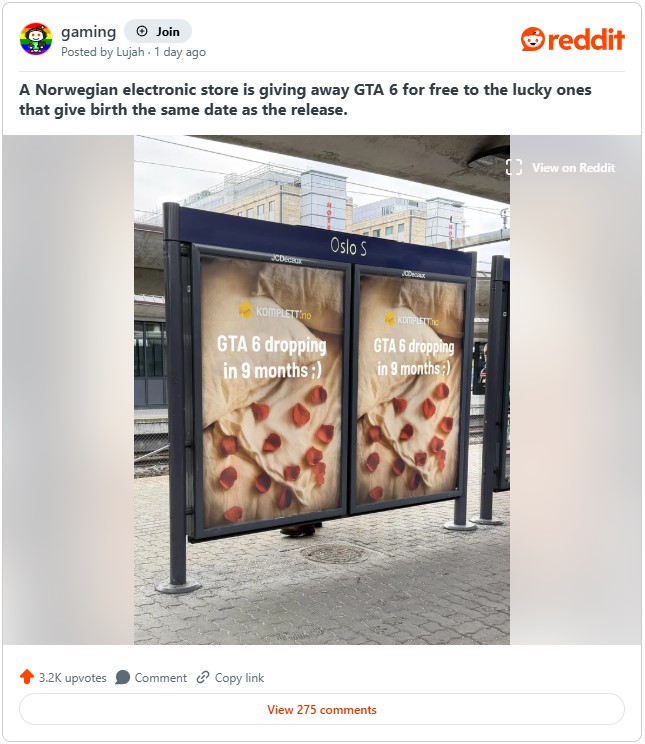 Kampanye Unik Komplett.no Menyambut Rilisnya GTA VI. Foto: Istimewa