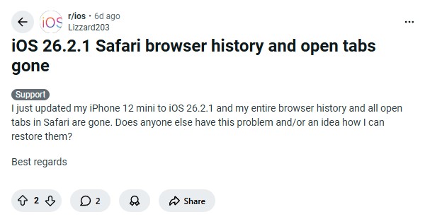 Sebuah Utas di Reddit Mengenai iOS 26.2.1. Foto: Istimewa