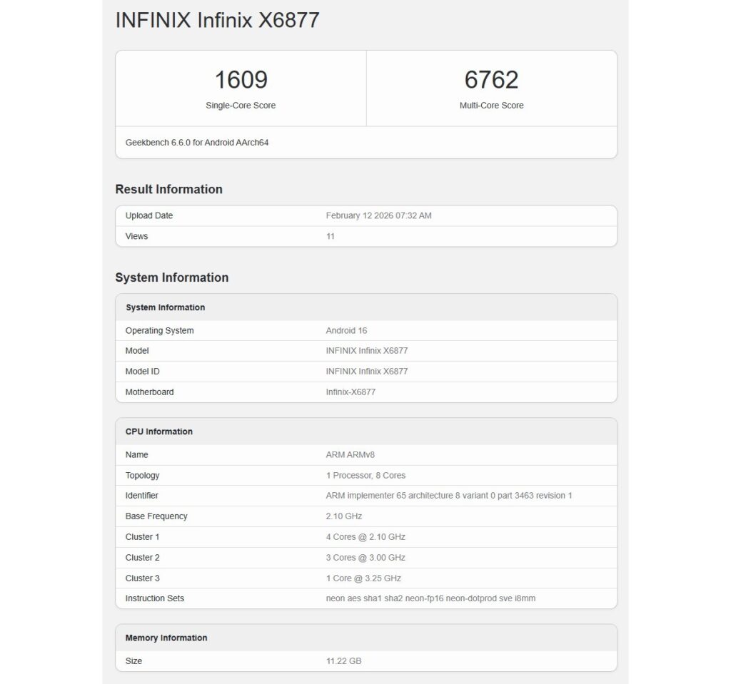 Skor Infinix Note 60 Ultra yang Muncul di Geekbench. Foto: GSMArena