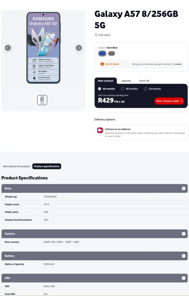 Bocoran spesifikasi lengkap Samsung Galaxy A57 pada sebuah situs web retail. Foto: Evan Blass/X