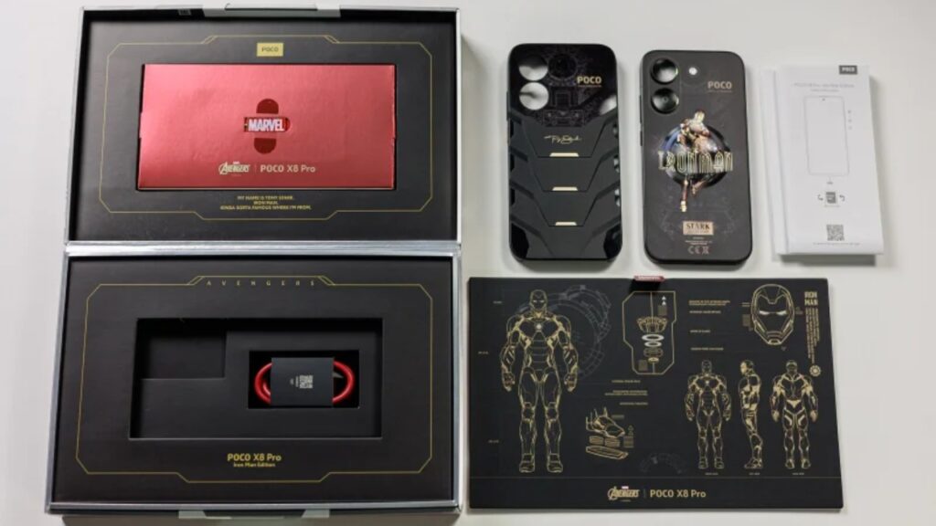 ​Desain spesial dan paket dari Poco X8 Pro Iron Man Edition. Foto: Phone Arena
