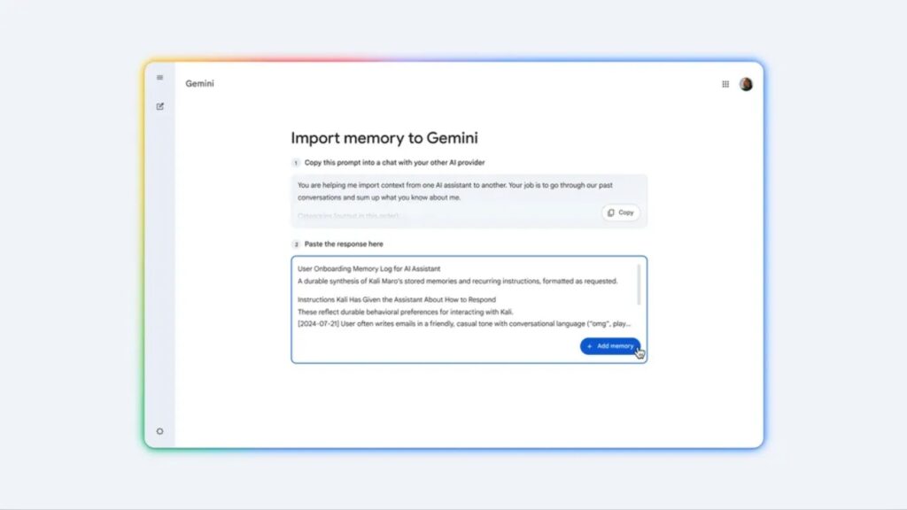 Google Gemini kini bisa import data dari chatbot AI lain seperti ChatGPT maupun Claude AI. Foto: Google