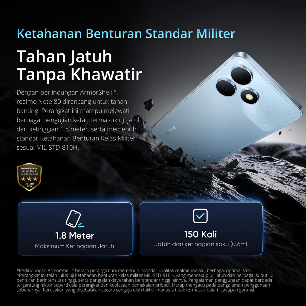 Realme Note 80 mengantongi sertifikasi militer MIL-STD-810H. Foto: Plaza IT
