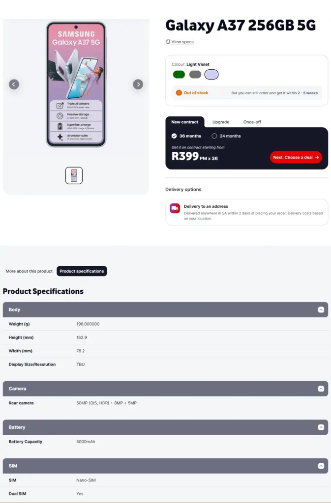 Spesifikasi lengkap Samsung Galaxy A37 5G. Foto: X/@Evan Blass