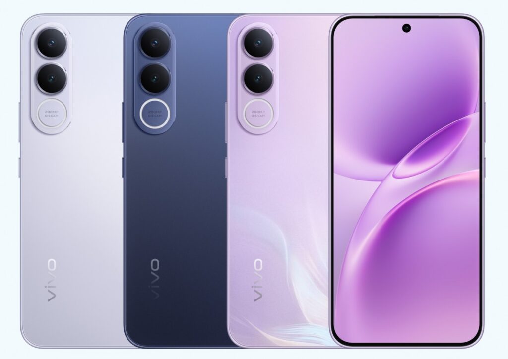 Vivo V70 FE hadir dengan tiga pilihan warna menarik: Muse Purple, Ocean Blue, dan Titanium Silver. Foto: GSMArena
