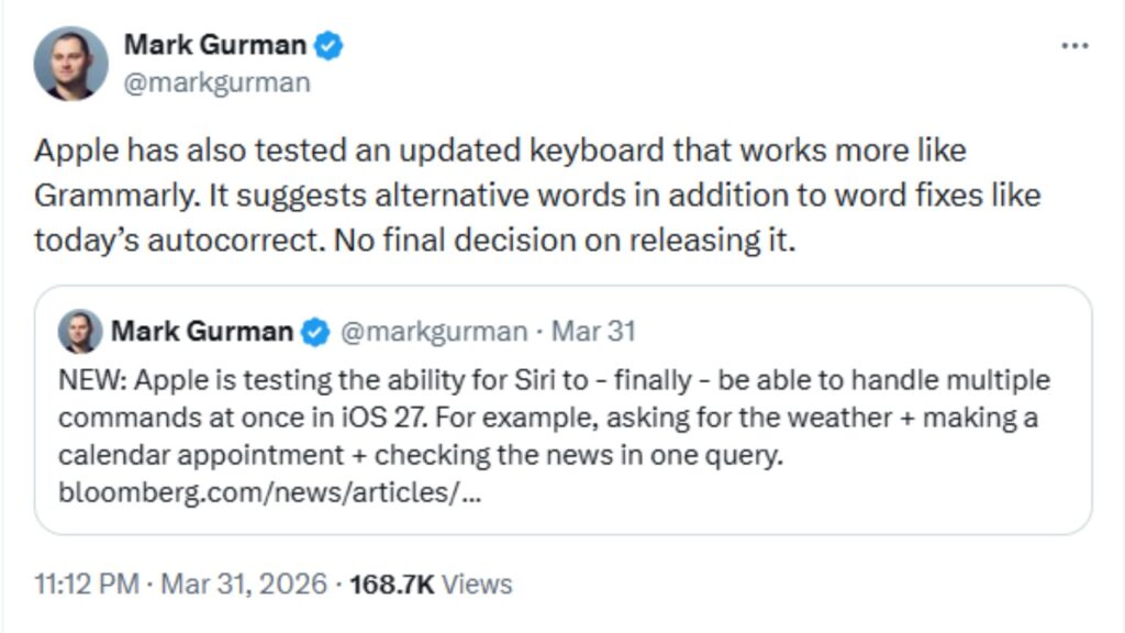Bocoran fitur autocorrect pada keyboard iPhone. Foto: X/@markgurman