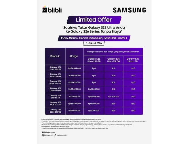 Ketentuan promo Gratis Tukar Galaxy S25 Ultra ke S26 Ultra dari Blibli bekerja sama dengan Samsung Indonesia. Foto: Instagram/@bliblistore.id